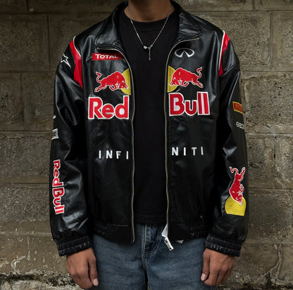 Black and red redbull racing leather jacket