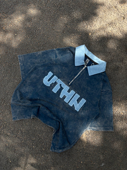 Uthn blue acid wash polo oversized tee