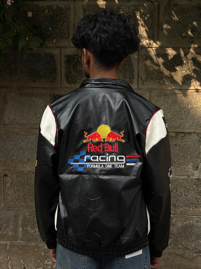 Black and white redbull racing lather jacket