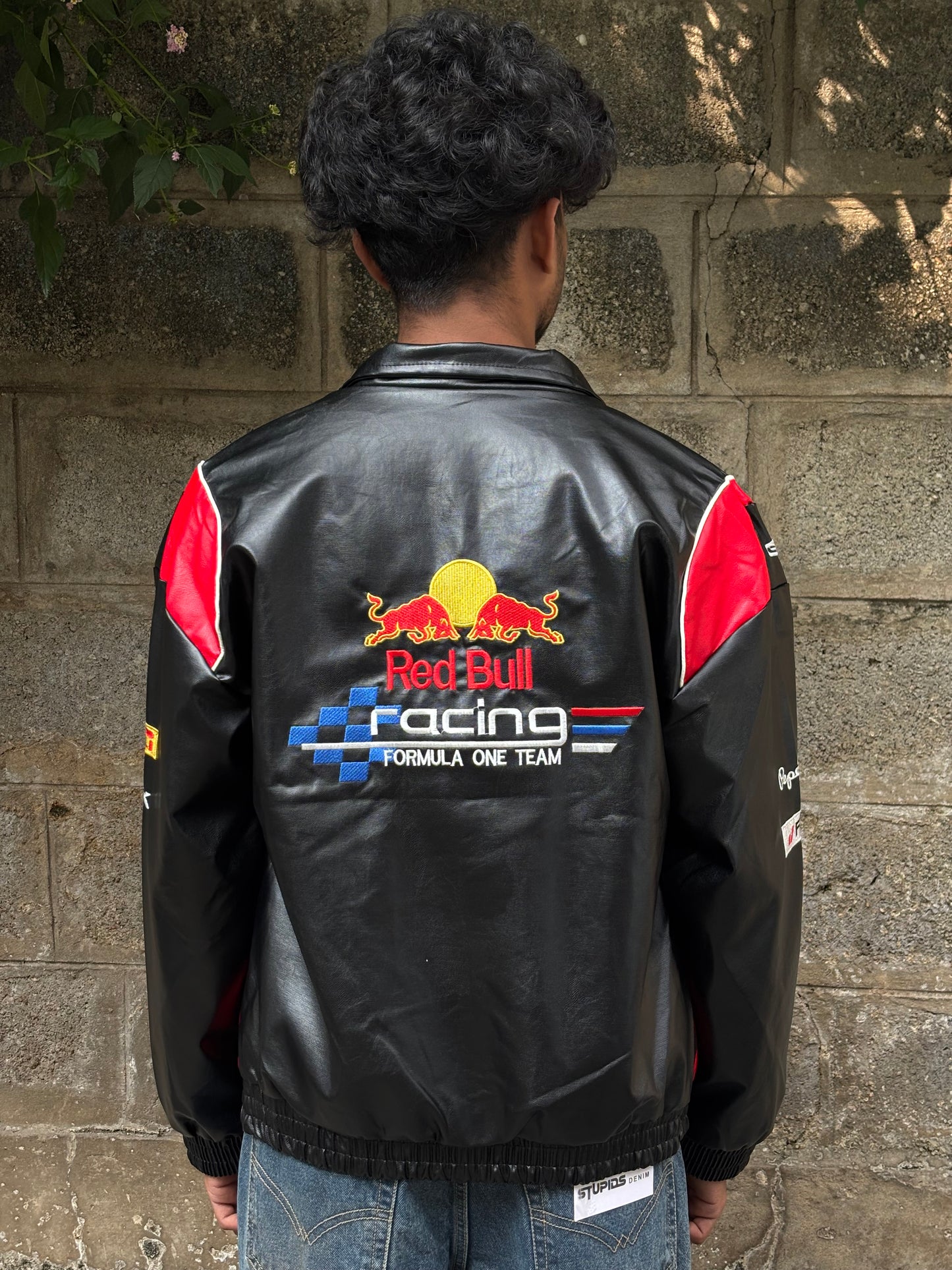 Black and red redbull racing leather jacket