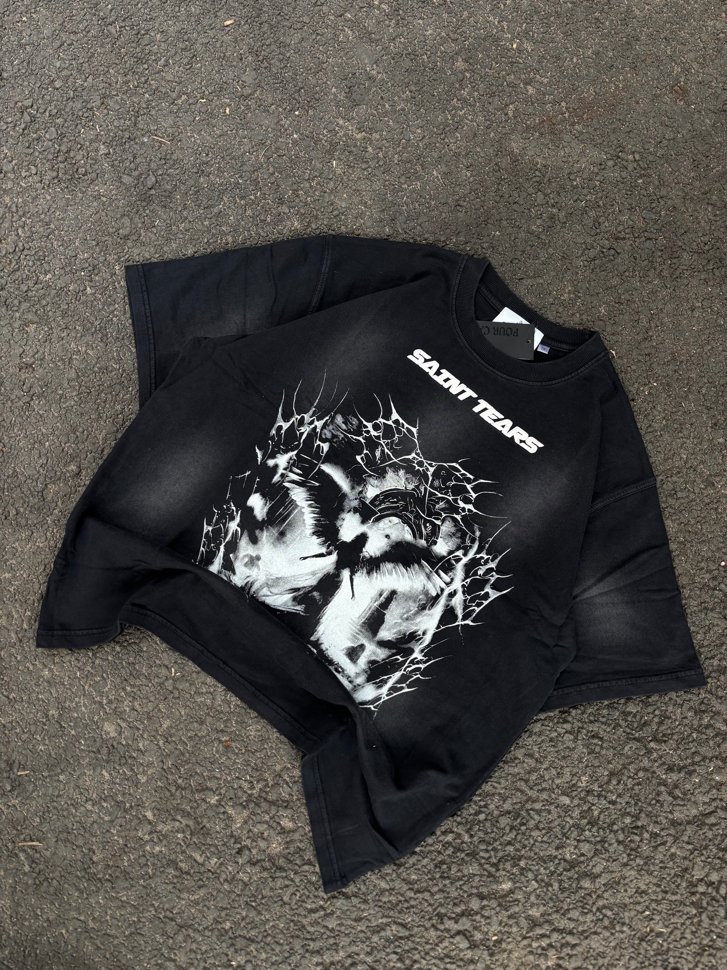 Saint tears B/W acid wash oversized tee