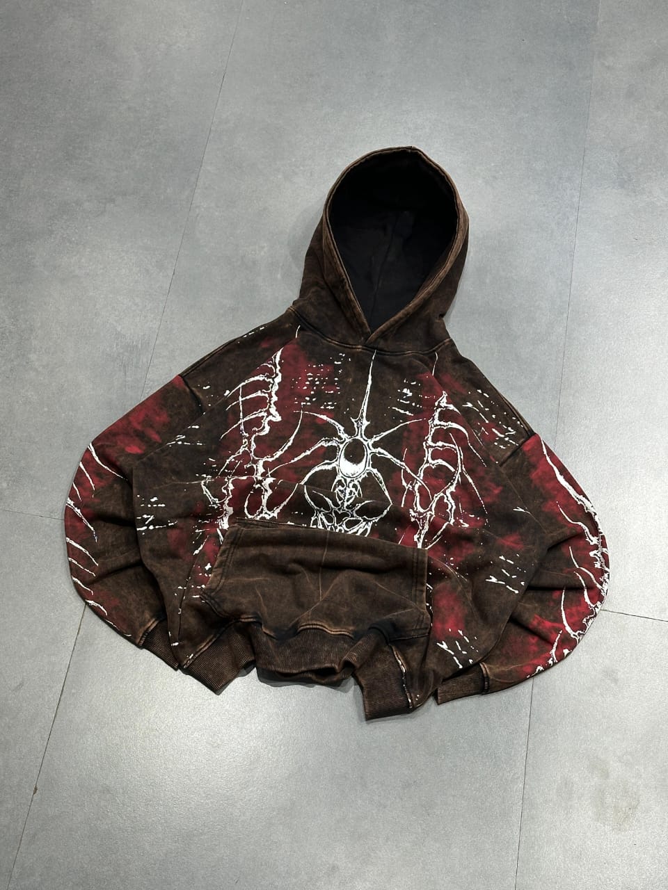 Skeletal acid wash brown hoodie