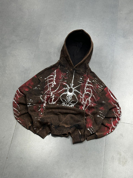 Skeletal acid wash brown hoodie