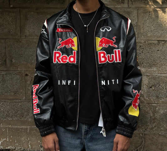 Black and white redbull racing lather jacket